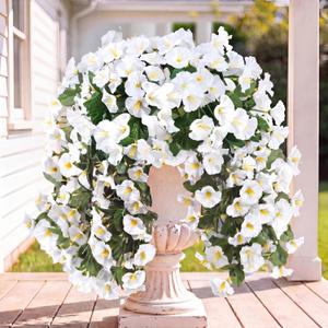 Sggvecsy Artificial Fake Hanging Flowers Plants for Outdoor Outside Spring Summer Decoration 2PCS Faux Silk UV Resistant Realistic Morning Glory Trailing Vines for Home Porch Patio Balcony(White)