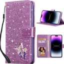 UEEBAI Wallet Case for iPhone 16 Pro, Glitter PU Leather Phone Cover Card Slots Kickstand Wallet Magnetic Closure Bling Flip Case Shockproof Hand Strap Flip Cover - Glitter Purple