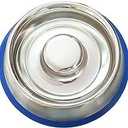 Mr. Peanut's Stainless Steel Interactive Slow Feed Dog Bowl with a Blue Base, Fun Healthy Bloat Stop Feeder (Small)
