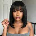 Bob Wig with Bangs Human Hair Short Glueless Black Bob Wigs for Women 180% Density Wear and Go Straight Wigs Beginner Friendly 12 Inch