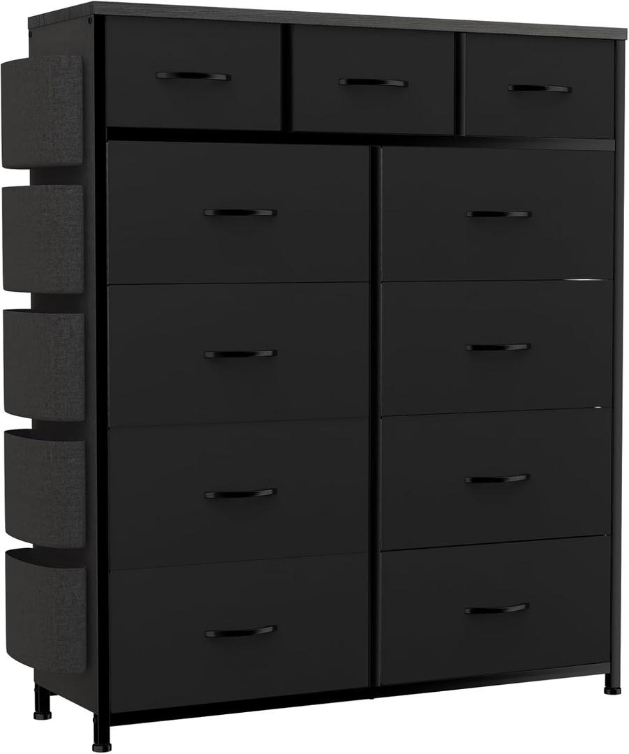 11 Drawer Fabric Storage Dresser for Bedroom Organization, Chest of Drawers with Deep Shelves, Side Pockets & Hooks, Sturdy Steel Frame & Wood Top, Baby/Kids Closet Organizer Unit. (Black)