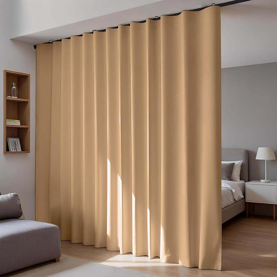 Room Divider Blackout Curtains Flexible Sliding Tracks Sets Ceiling Mounted Rod Window Curtain Privacy Separation for Bedroom Living Rooms,1 Panel Khaki Drape and Black Track Set-W216xH108 in