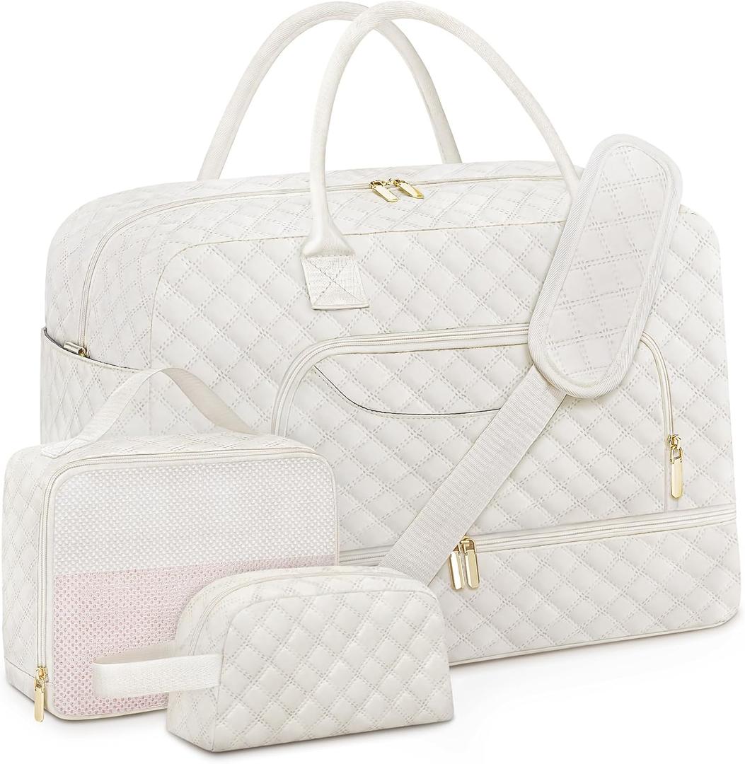 Travel Duffle Bag, Weekender Bags for Women with Shoe Compartment & Wet Toiletry Pocket , Carry on Overnight Hospital Bag for Woman Labor Delivery, Gym, Trip, Ideal Christmas Gift for Women Beige