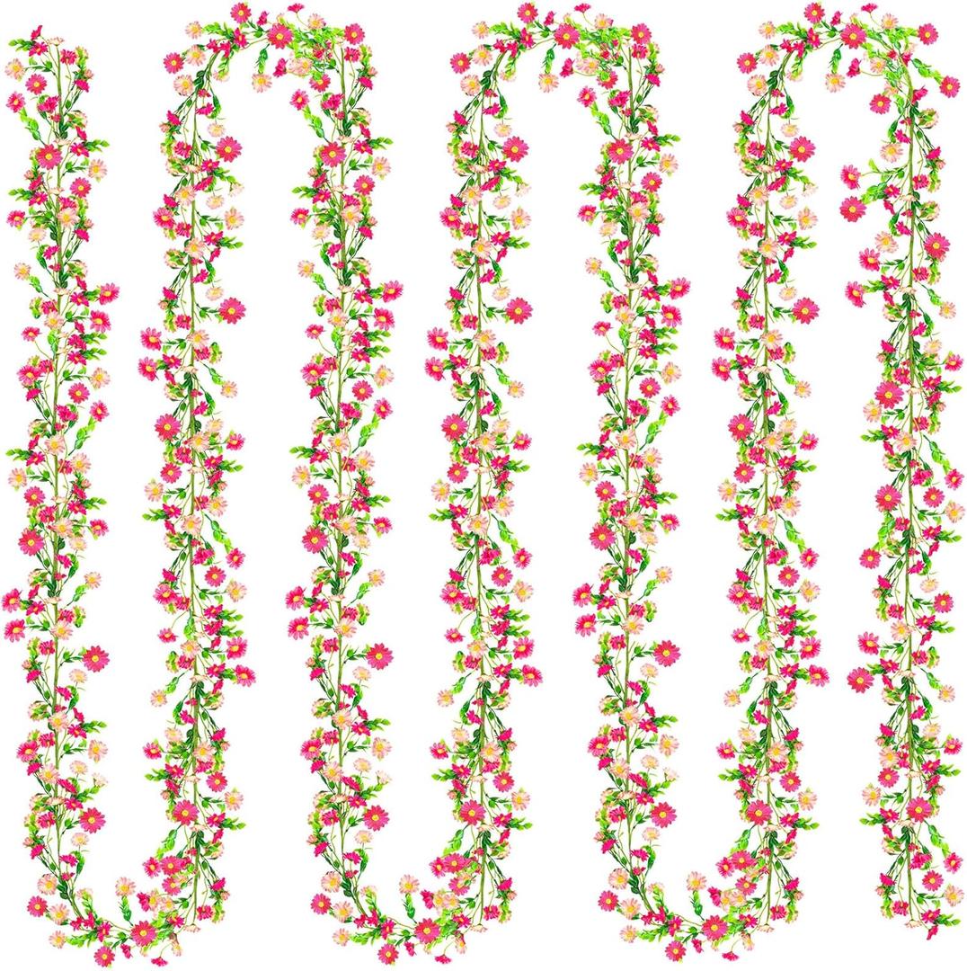 4 Pack Spring Flower Garland, 27.2 Ft Silky Artificial Pink Garland with Pink Daisy and Vine, Floral Garlands Decoration for Room Wall, Flower Themed Party, Wedding Supplies