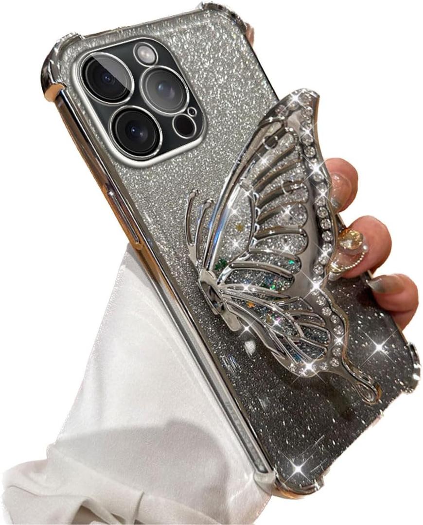 for iPhone 15 Pro Max Case with Butterfly Kickstand,Cute Bling Glitter Rhinestones Phone Case with Camera Lens Protector,Electroplate Flowing Liquid Ring Stand for iPhone 15 Pro Max (Silver)