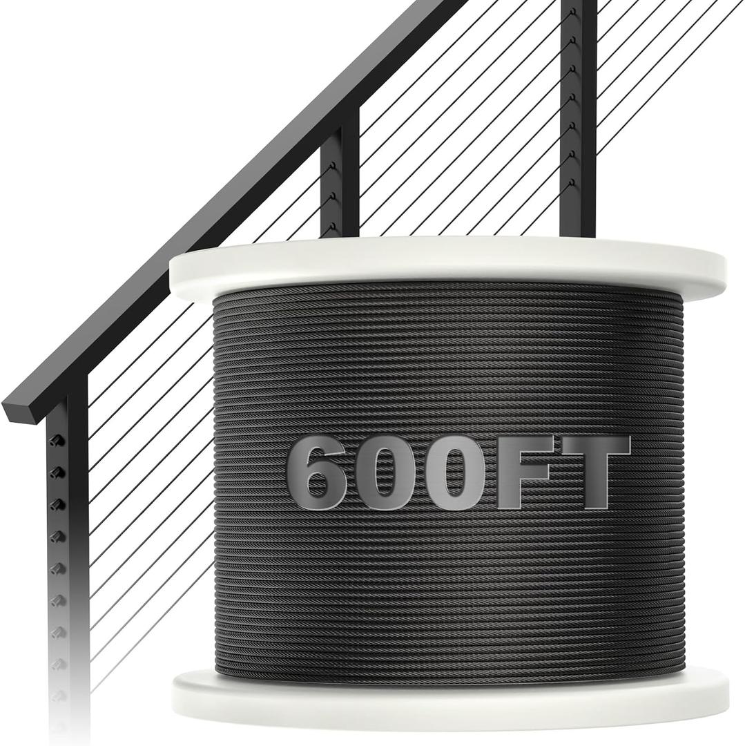 BLIKA 600FT 1/8" Black Stainless Steel Cable, T316 Marine Grade