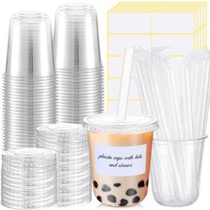 25 Sets Crystal Plastic Clear Cups with Lids, Straws and Stickers, Disposable Iced Coffee Cups Thickened PET for Iced Coffee, Bubble BobaTea, Smoothie, Cold Drinks, Juice, Shops (14 oz)