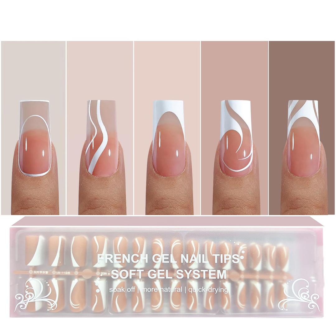 2 x Jsiallye 150Pcs French Tip Press on Nails,5 Style French Tip Soft Lines Press On Nails Long Square,No Need to File 4 in 1 Gel Nail Tips Pre-lasting,Soak off False Nail Tips for Women 15 Size