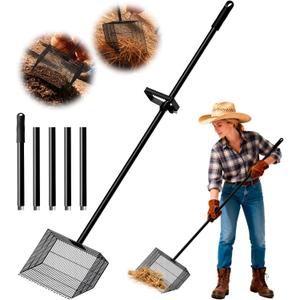 Chicken Poop Scooper with 12" Wide Heavy Duty Litter Shovel and Adjustable 2573" Steel Handle, Multi-Section Detachable Pole Poop Rake for Easy Chicken Coop Cleaning, Durable Metal Accessories (Black)