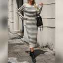 Womens Striped Sweater Dress Fall Knit Crewneck Long Sleeve Baggy Casual Long Dress Loose Autumn Winter Midi Dresses (S)