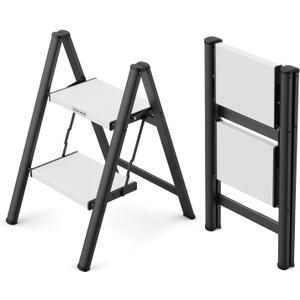 WOA WOA 2 Step Ladder, Folding Step Stool with Wide Non-Slip Aluminum Pedals, Stable and Portable, 330 lbs Capacity, for Home, Kitchen, Office - Black & White