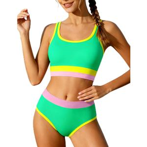 Kiuvinu Girls Bathing Suits Size 14-16 Swimsuits for Teen Girls Color-Block Adjustable Strap High Waist Two Piece Light Green Girl Swimwear