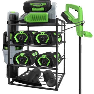 Lawn Power Tool Organizer Wall Drill Organizer Wall Mount for Leaf Blower and Weed Eater, Power Tool Organizer Wall Mount, 4 Battery Drill Holder Black