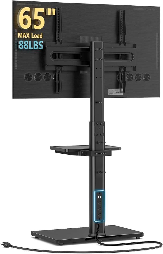 AX WABER Floor TV Stand with Power Outlet& Shelf, Universal TV Stand Mount for 27-65 inch TV up to 88lbs, 70 Degree Swivel 9 Level Height Adjustable with Tempered Glass Base for Bedroom, Office Black