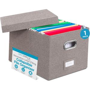 Internet's Best Collapsible File Box Storage Organizer with Lid - Decorative Linen Filing & Storage Office Boxes  Hanging Letter/Legal Folder  Home Office Bins Cabinet  Grey Container - 1 Pack