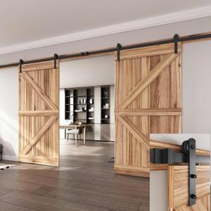 EaseLife 16 FT Double Doors Sliding Barn Door Hardware Track Kit,Straight Pulley,Heavy Duty,Slide Smoothly Quietly,Easy Install (16FT Track Kit for Double 48" Wide Door). (Black)
