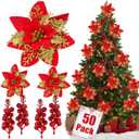 50pcs Glitter Poinsettia Christmas Ornaments, Artificial Flowers with Clips Stems for DIY Wreath Making, Holiday Home Party Decorations, Indoor Use (Red)