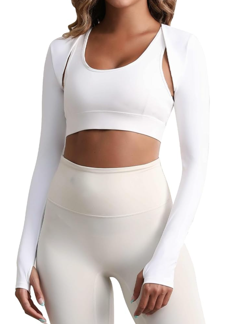 Hiball Workout Bolero Shrug Women Long Sleeves Crop Top, Sports Shrug Open Front Cropped Shirts, Cooling Shawl Arm Sleeves, White, Size L
