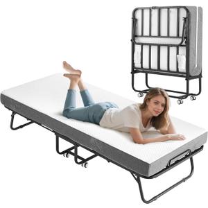 Folding Bed with Foam Mattress, Single Rollaway Bed for Guests, Space Saving Portable Beds with Lockable Wheels, 75" x 31" Twin Size Metal Bed Frame, Easy Assembly & MovingWhite