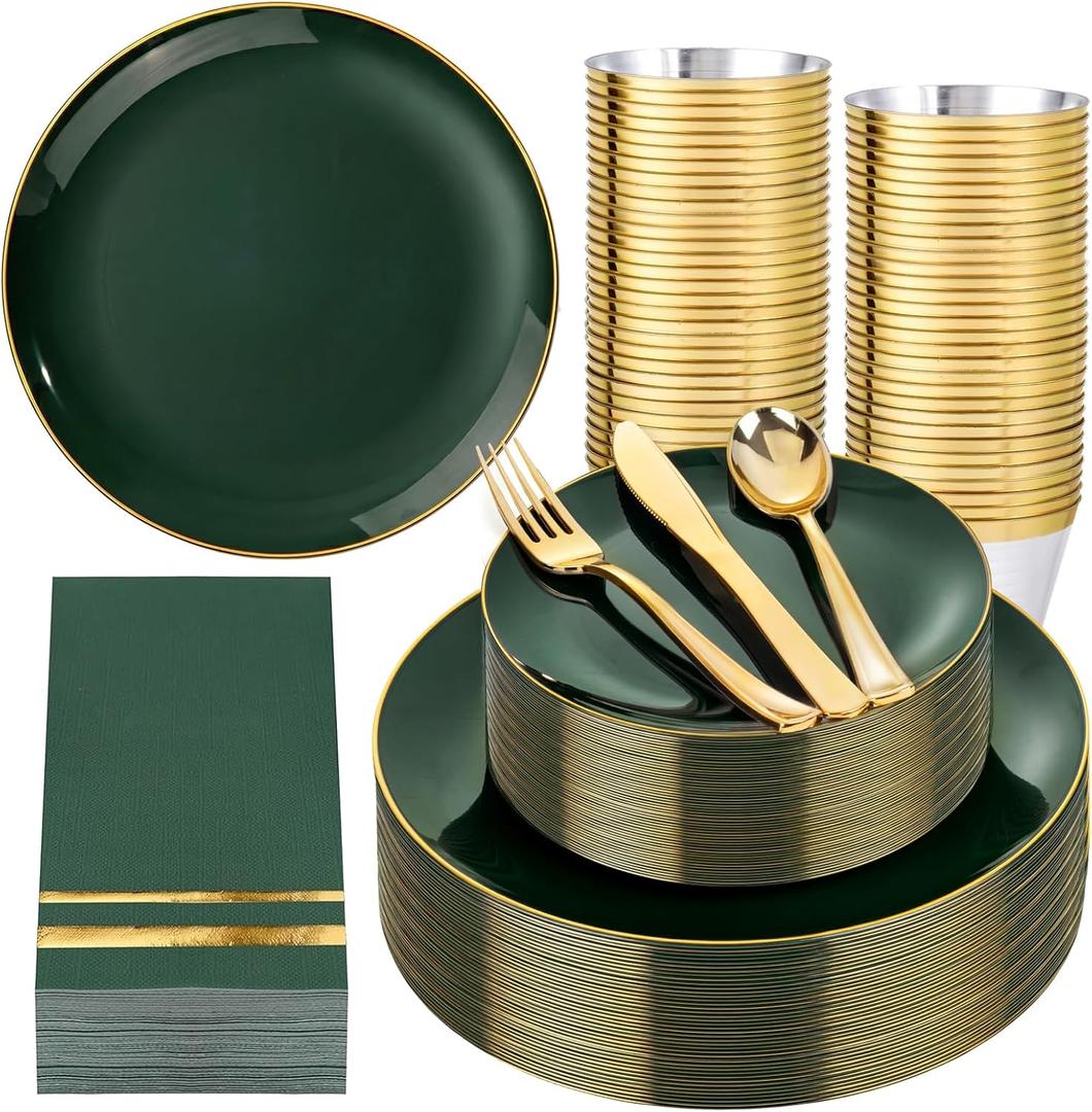 NOCCUR 350PCS Green Plastic Plates - Disposable Green Gold Dinnerware Set for 50 Guests, 100 Dinner/Dessert Plates, 150 Gold Silverware, 50 Cups&50 Napkins for Party Wedding Spring