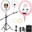 Ring Light with Stand 22inch Kit: Professional Ring Light Overhead Tripod for iPhone ipad, LCD Display/2 USB Ports for Makeup Barber Tattoo Lash Extension Video Photography Lighting (Pink)