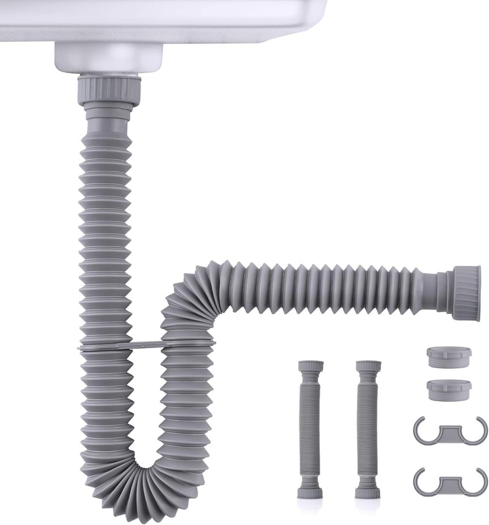 iFealClear 2 Pack P-Trap Drain Pipe, Flexible Sink Drain Pipe with 4 Rubber Sealing Rings, Expandable 11"-34.5" P Trap Tube Fits 1-1/2'', 1-1/4'' Holes for Kitchen, Bathroom, Garbage Disposal, Gray (Grey Color)