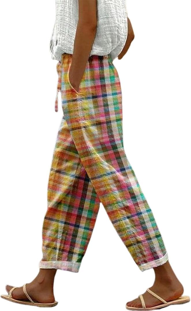 Palazzo Pants for Women Casual Multicolor Gingham Wide Leg Capri Pants 2025 Summer Boho Lounge Trousers with Pockets