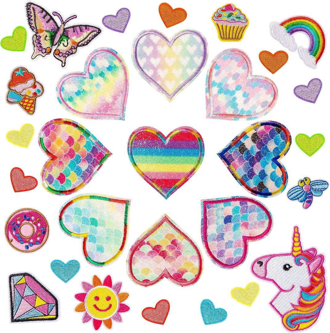 30Pcs Heart Shape Iron on Patches, Colorful Kids Iron on Knee Patches Fashion Girl Embroidered Patches Sew on Embroidered Applique DIY Accessory for Backpack Clothes Dress Pants Hats Jeans