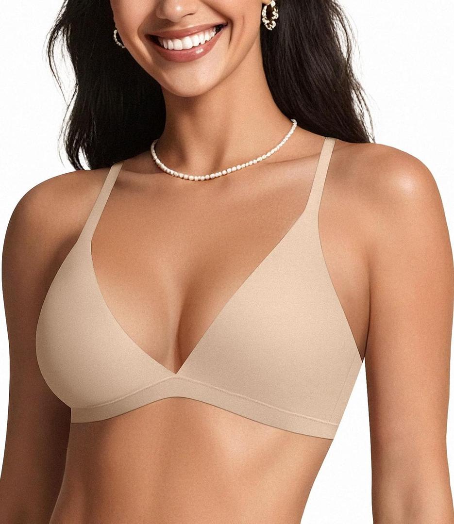 OEAK Womens Comfortable Triangle Bras No Underwire Sexy Plunge Unlined Bralette Pull On Bra Seamless Everyday Tshirt Bras (Large, Beige)