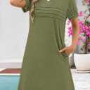 MEROKEETY Women's Summer Short Lace Sleeve T Shirt Dress Casual Crew Neck Pleated Front Shift Dresses (Green, S)