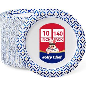 JOLLY CHEF 10 Inch Paper Plates 140 Count, Soak-Proof, Cut Proof, Disposable Heavy Duty Plates for Picnic, Family Gatherings, Parties