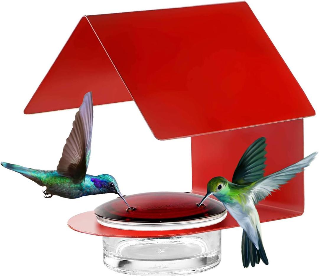 Cottage Hummingbird Feeder |Glass Hummingbird Feeder with 3.4 Ounce Nectar Capacity| 4 Feeding Ports & Wide Mouth Bowl, Hanging Bird Feeder with Recycled Glass Lid, Red