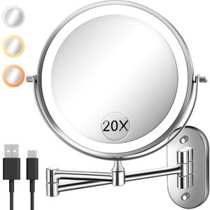 Wall Mounted Makeup Mirror with Light, 20X/1X 8'' Double Sided LED Magnifying Bathroom Lighted Vanity Mirror with Magnification, 3 Color Light up Touch Dimmable Extended Arm 360 Rotation (Chrome)