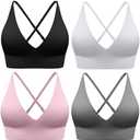 Evercute Women's Sports Bras 4 Pack Adjustable Deep V Neck Bras Wireless Spaghetti Strap Criss Cross Padded Low Support Bra XL