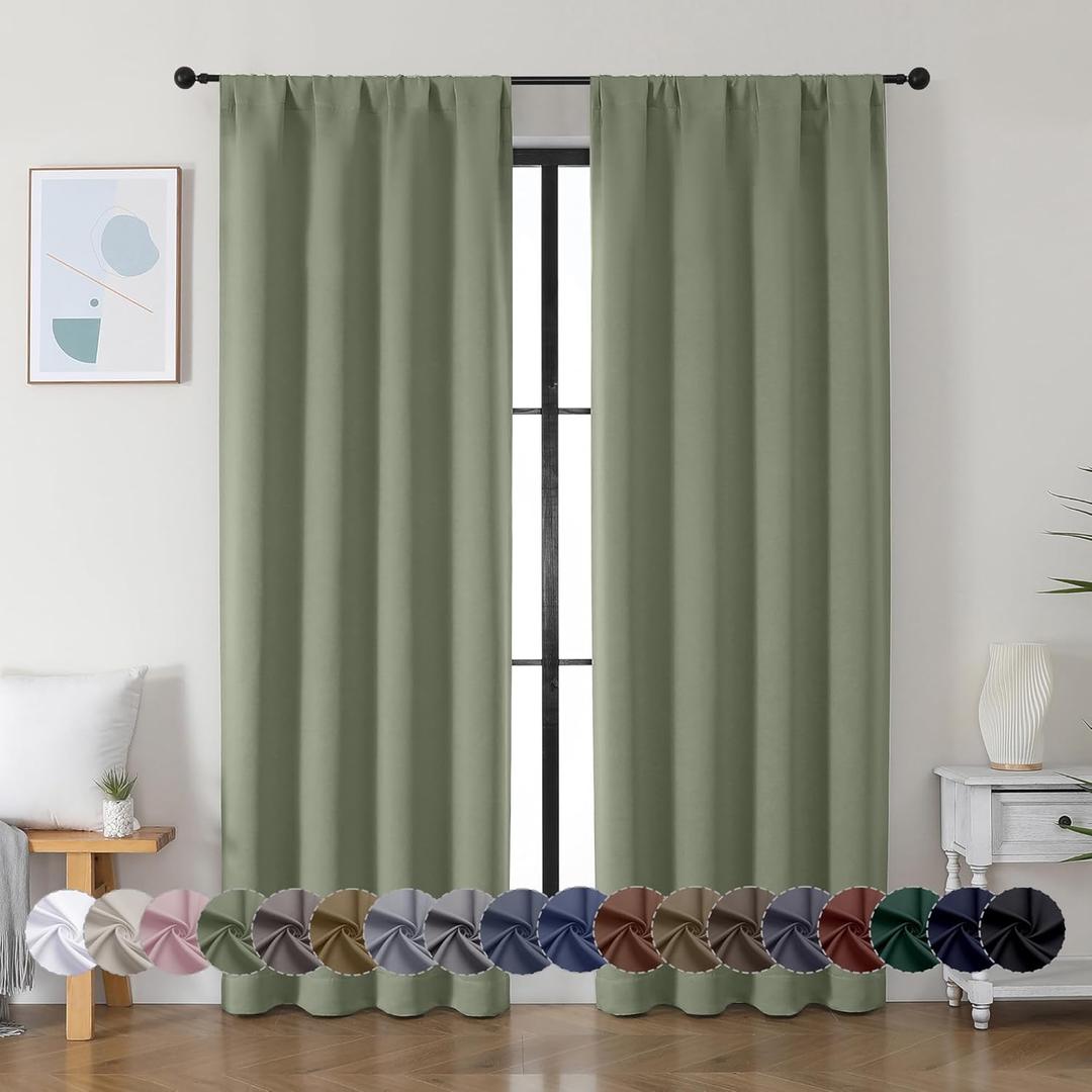 Simplebrand Ava Sage Green Blackout Curtains for Bedroom, 72 Inch Length, 2 Panels Set, Privacy Thermal Insulated Rod Pocket Window Curtains for Patio, French Door, W40 x L72 Inch