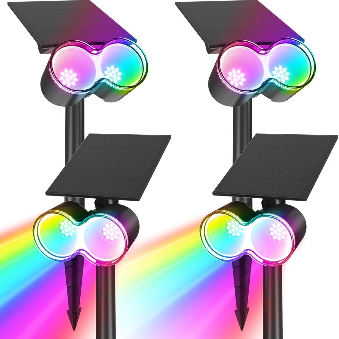 Barrina Solar Spotlights Outdoor Waterproof, 360 Horizontal Adjustable Outdoor Spot Light, 24 LEDs Color Changing, Auto On/Off Solar Lights for Outside Yard Pathway Landscape Lighting, 4 Pack