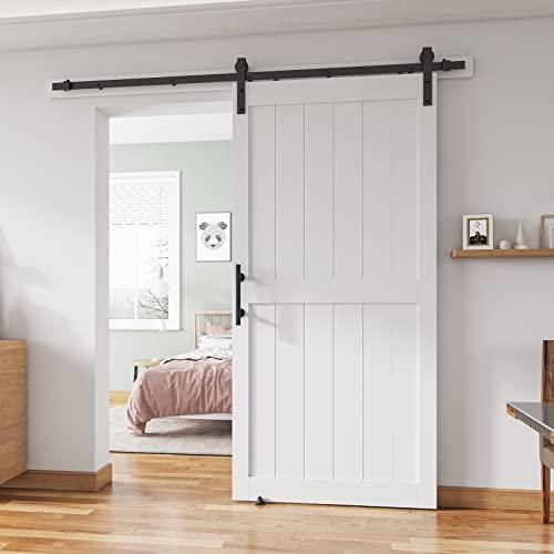 ALAMEDADT 40''x84'' Sliding Barn Door with 7 Ft Barn Door Hardware Kit& Handle& Floor Guides,Pre-Drilled Holes Easy Assembly - Include Installation Manual, Water-Proof PVC Surface, H-Frame, White
