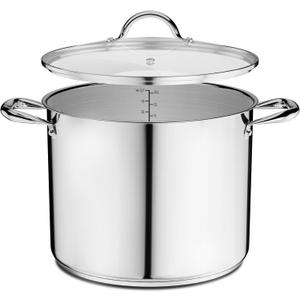 Stainless Steel Stockpot with Tempered Glass Lid 14 Quart, Durable 18/0 Stainless Steel, Impact-Bonded Base for Even Heating, Riveted Handles, Oven & All Stove Compatible, Safe Up To 500F (260C)