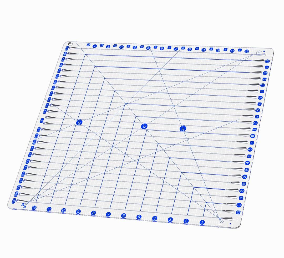 Quilting Ruler, 12.5" x 12.5" Slotted Acrylic Ruler for Quilting and Sewing, Precise Fabric Cutting with 24pcs Non-Slip Silicone Grips, Blue & White