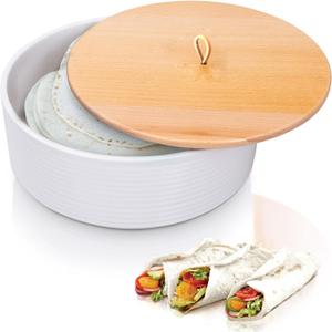 Ceramic Tortilla Warmer with Wooden Lid - 9 Inch Large Tortilla Holder Ideal for Keeping Tortillas Warm and Fresh