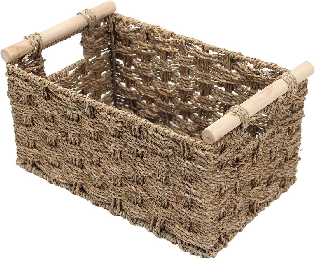 water grass Wicker Baskets for Storage,wicker storage basket,woven baskets for storage,Decorative Shelf Baskets for Pantry,Wooden Handles, Shelf Organizer (12.6 * 8.27 * 7)