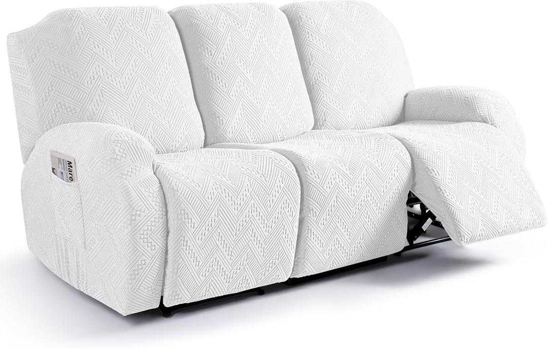 Ruaozz Recliner Sofa Covers Recliner Chair Covers Couch Covers for Reclining Couches with Pockets Washable Furniture Protector with Elastic Bottom (3 Seater, Ivory)