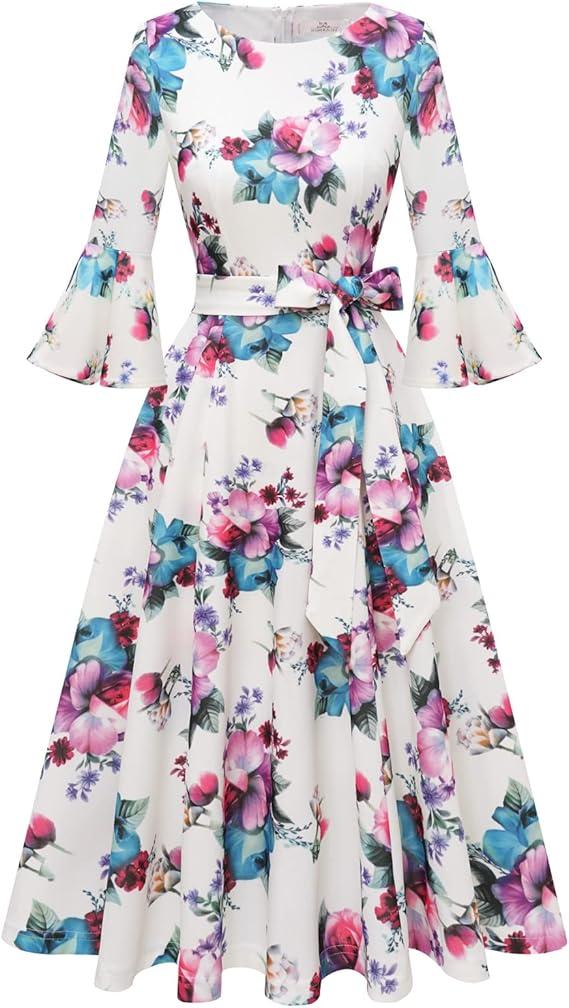 HomRain Women's Church Dresses for 2025 Wedding Guest Cocktail Tea Party Bell Sleeve Vintage Evening Graduation Dress M