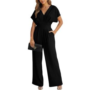 Knowfashionstyle Jumpsuits For Women Dressy Summer Casual V Neck Batwing Sleeve Wide Leg Elegant Vacation One Piece Outfits (Size Large)
