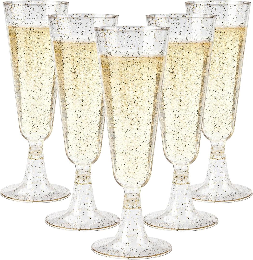 GuanQiao 40 Pack Plastic Champagne Flutes, 5.5 OZ Disposable Plastic Champagne Glasses with Gold Glitter, Wine Glasses Cups for Wedding Celebration Party Wine Tasting New Years Eve Supplies