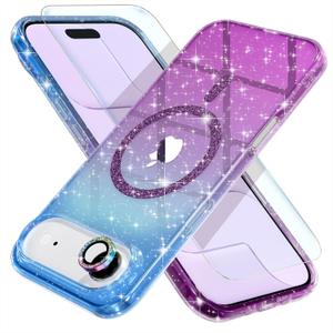 Choiche Magnetic for iPhone 17 Air Case Women Phone Case, Compatible with Mag-Safe, Cute Bling Sparkly, Military Grade Protection, with Diamond Camera Lens Covers, 6.5-inch, Glitter Blue/Purple