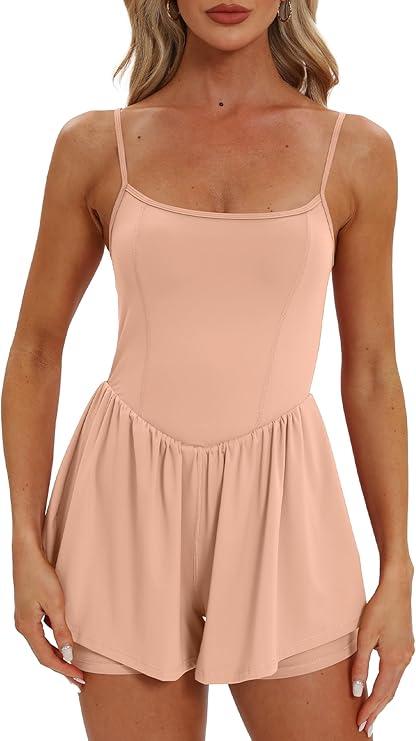 Women's Summer Sleeveless Athletic Rompers Spaghetti Strap Double Lined Shorts Jumpsuit Size L