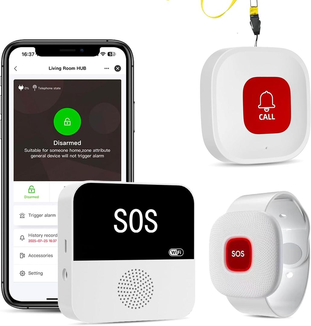 PILSAMAS WiFi Caregiver Page Wireless Call Button System - 1 Lanyard + 1 Wristband Emergency Button, No Monthly Fee, APP Alert, Custom Name/Tones, Fall Alert Devices for Elderly at Home, Nursing Care