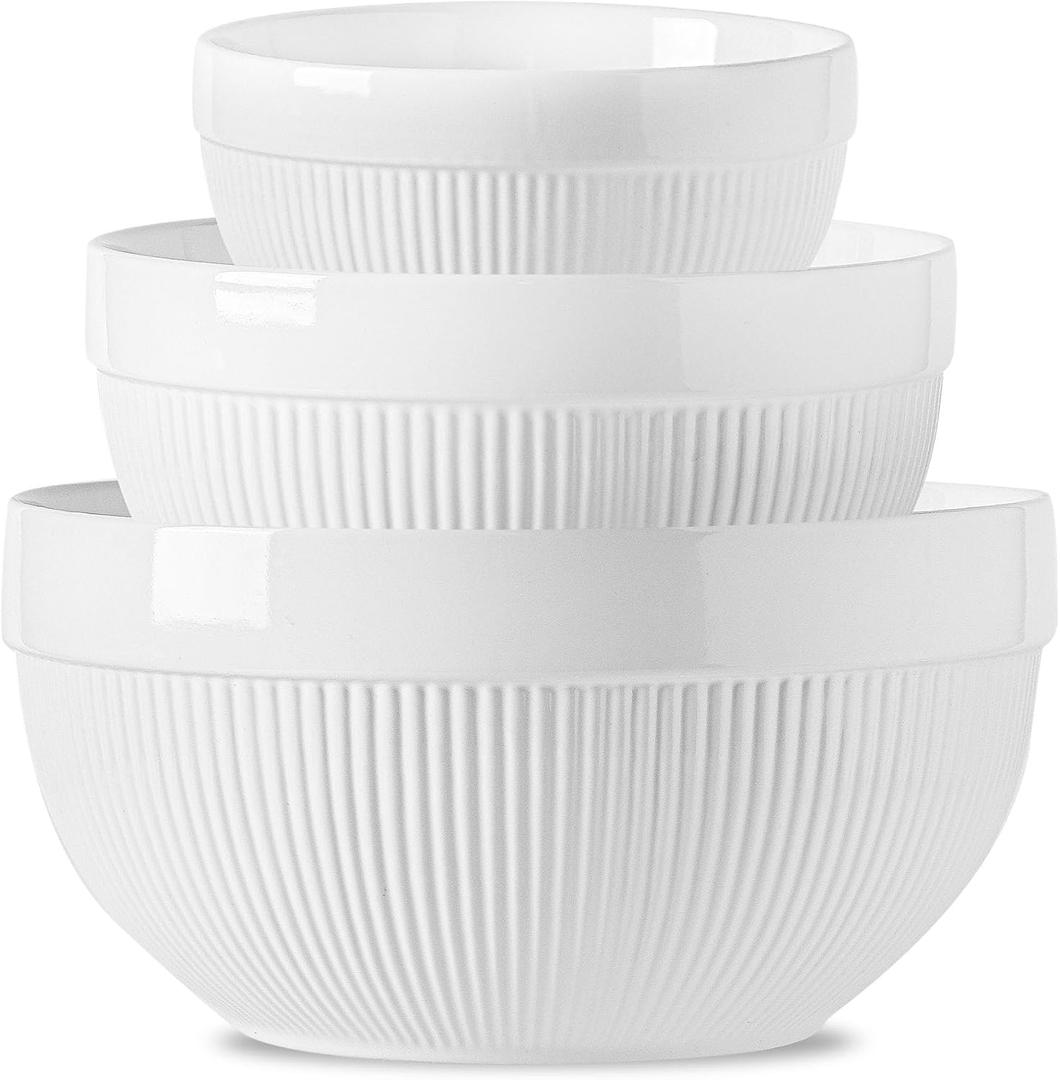 Large Ceramic Mixing Bowls, White Kitchen Bowls (1QT/2.3QT/4.6QT), Set of 3 Nesting Bowls for Baking, Cooking, Serving, Prepping, Dough Bread Making Bowl, Microwave and Dishwasher Safe