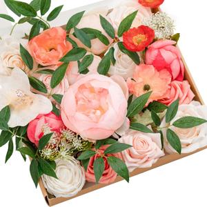 Ling's moment Fake Flowers Box, Faux Artificial Greenery Stems Foam Roses Silk Peonies Orchid Poppy Fabic Flower for Centerpieces Bouquet Wedding Vase Floral Decorations, Coral & Ivory, Grand Combo